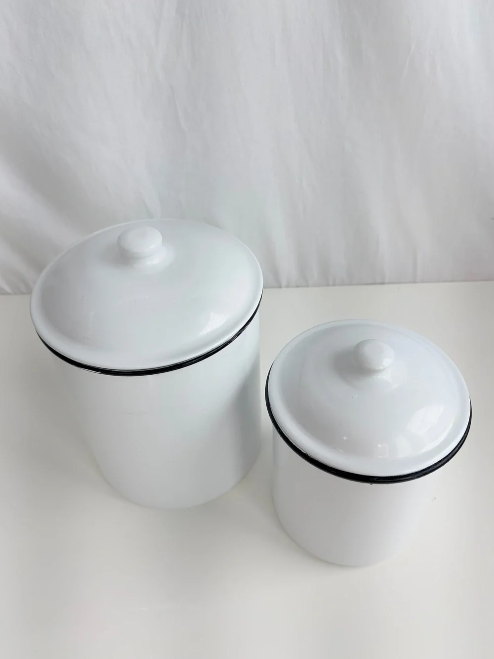2 Piece Canister Set Vintage Inspired White & Enamel Black Rim Round Tin Storage